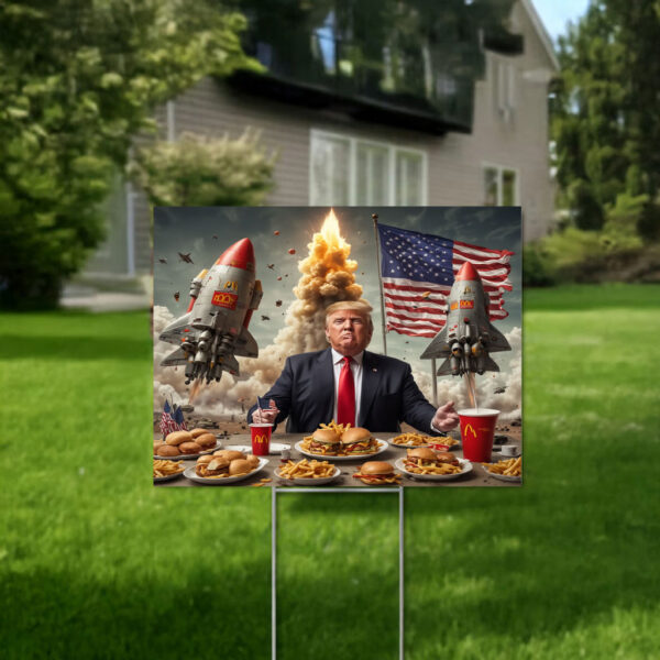 Donald Trump Eating McDonalds with Rockets and Nuclear Warheads Launching Yard Sign