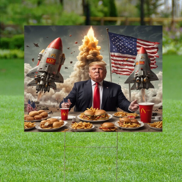 Donald Trump Eating McDonalds with Rockets and Nuclear Warheads Launching Yard Sign