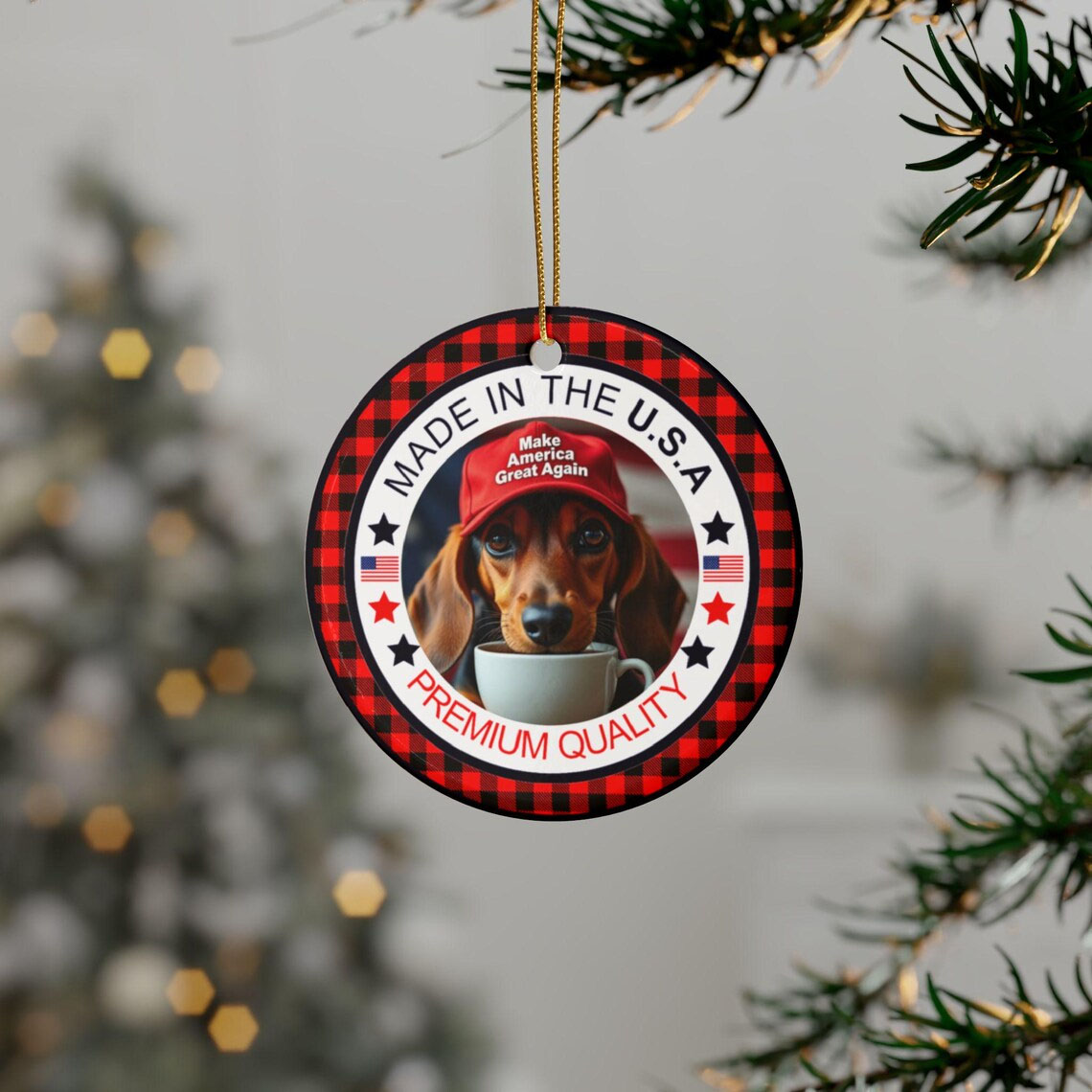 MAGA Dog Dachshund for Trump Christmas Ceramic Ornament
