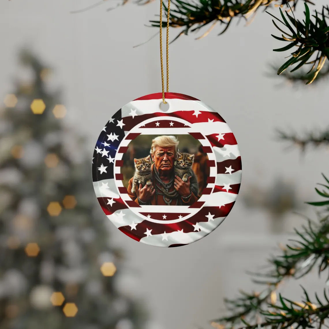 Trump saves the cats MAGA Ceramic Christmas Ornament