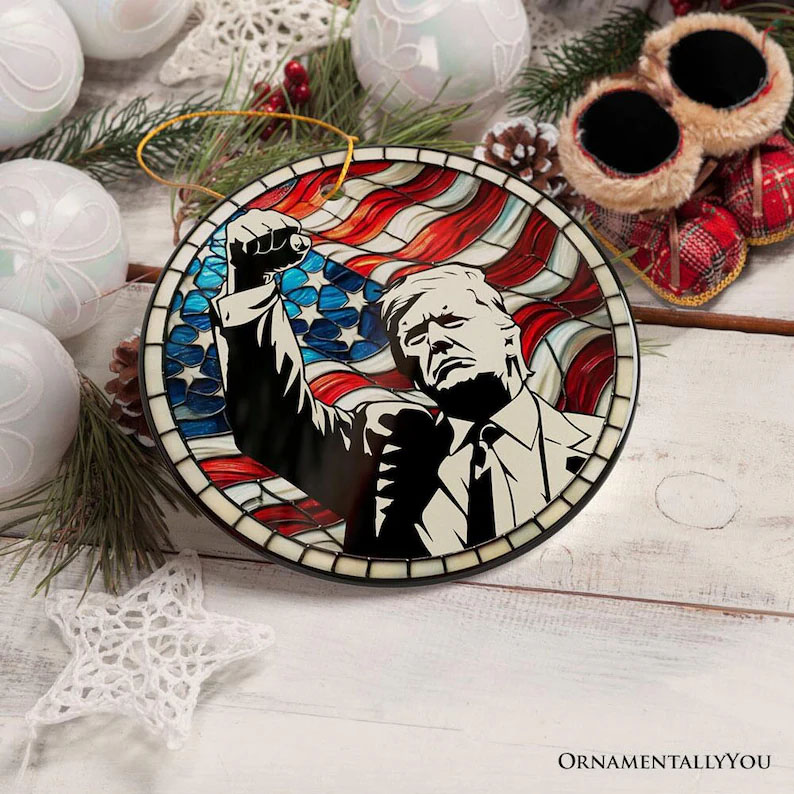 Trump with Raised Fist Stained Glass Christmas Ornament